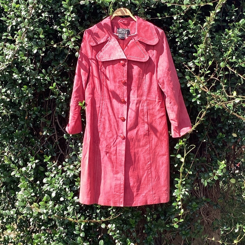Vintage Terry Lewis Classic Luxuries Suede Leather Cherry Red Trench Coat